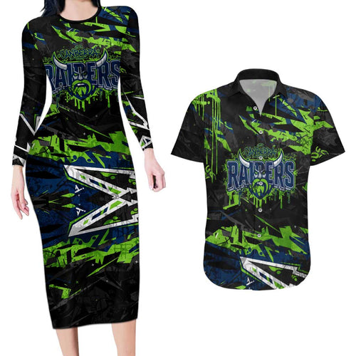 Personalized Canberra Raiders Couples Matching Long Sleeve Bodycon Dress and Hawaiian Shirt Graffiti Grunge Abstract Urban Street Style Design
