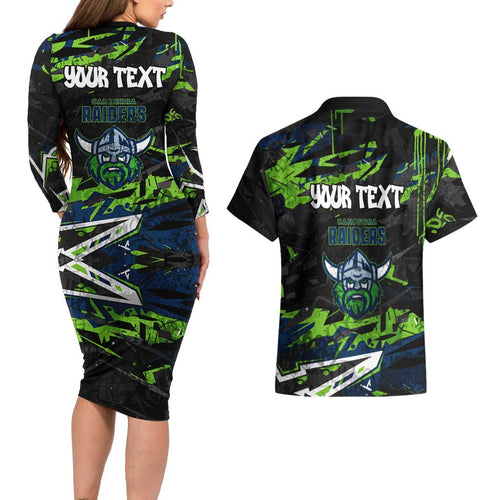 Personalized Canberra Raiders Couples Matching Long Sleeve Bodycon Dress and Hawaiian Shirt Graffiti Grunge Abstract Urban Street Style Design