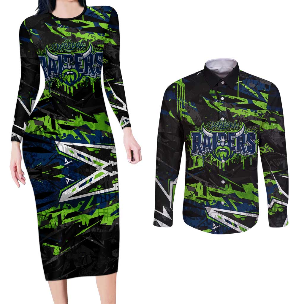 Personalized Canberra Raiders Couples Matching Long Sleeve Bodycon Dress and Long Sleeve Button Shirt Graffiti Grunge Abstract Urban Street Style Design