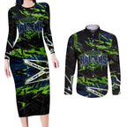 Personalized Canberra Raiders Couples Matching Long Sleeve Bodycon Dress and Long Sleeve Button Shirt Graffiti Grunge Abstract Urban Street Style Design