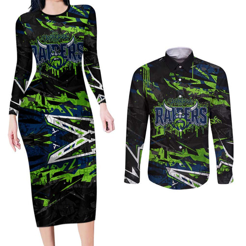 Personalized Canberra Raiders Couples Matching Long Sleeve Bodycon Dress and Long Sleeve Button Shirt Graffiti Grunge Abstract Urban Street Style Design