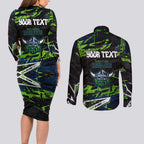 Personalized Canberra Raiders Couples Matching Long Sleeve Bodycon Dress and Long Sleeve Button Shirt Graffiti Grunge Abstract Urban Street Style Design