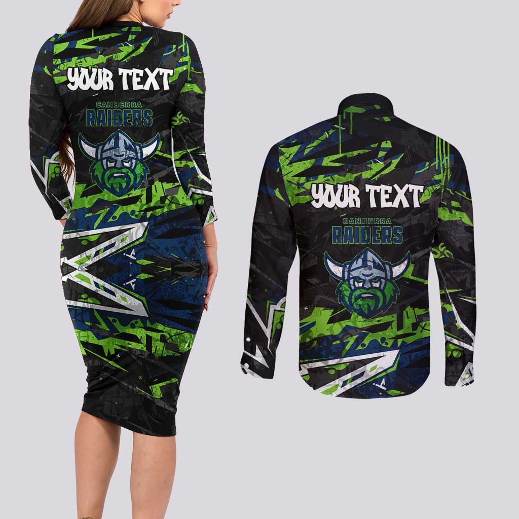 Personalized Canberra Raiders Couples Matching Long Sleeve Bodycon Dress and Long Sleeve Button Shirt Graffiti Grunge Abstract Urban Street Style Design