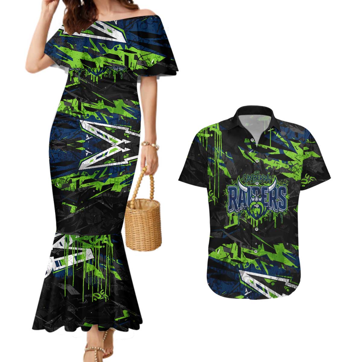 Personalized Canberra Raiders Couples Matching Mermaid Dress and Hawaiian Shirt Graffiti Grunge Abstract Urban Street Style Design