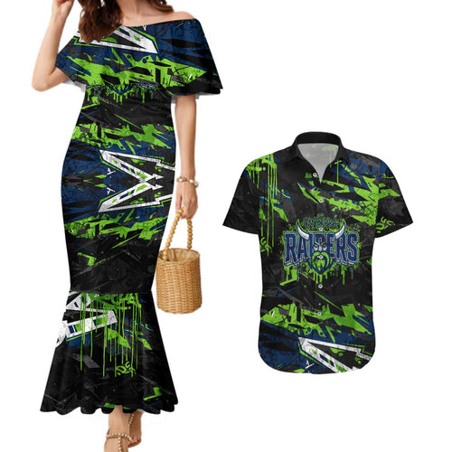 Personalized Canberra Raiders Couples Matching Mermaid Dress and Hawaiian Shirt Graffiti Grunge Abstract Urban Street Style Design
