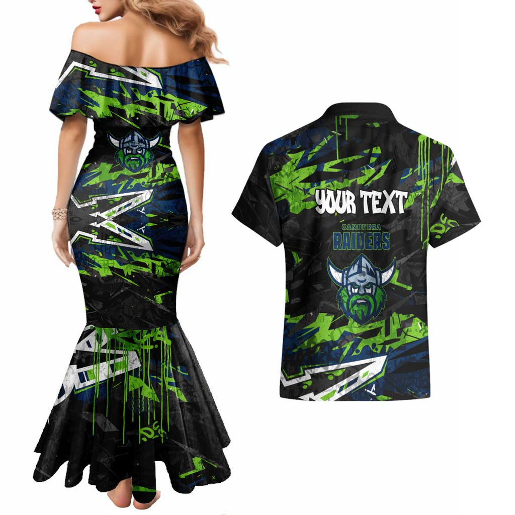 Personalized Canberra Raiders Couples Matching Mermaid Dress and Hawaiian Shirt Graffiti Grunge Abstract Urban Street Style Design