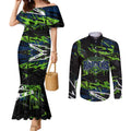 Personalized Canberra Raiders Couples Matching Mermaid Dress and Long Sleeve Button Shirt Graffiti Grunge Abstract Urban Street Style Design