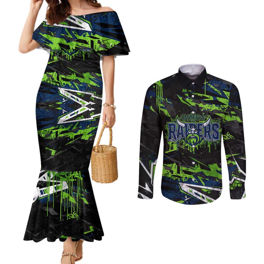 Personalized Canberra Raiders Couples Matching Mermaid Dress and Long Sleeve Button Shirt Graffiti Grunge Abstract Urban Street Style Design