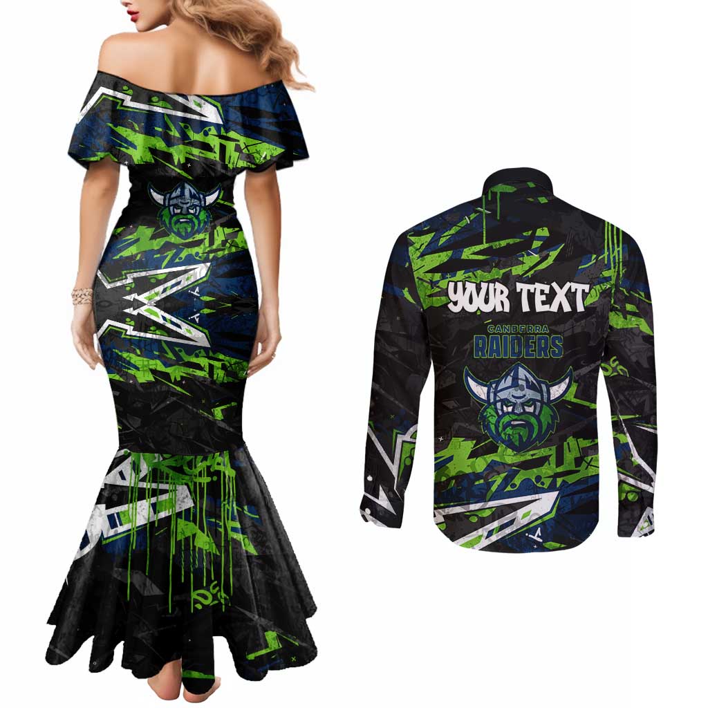 Personalized Canberra Raiders Couples Matching Mermaid Dress and Long Sleeve Button Shirt Graffiti Grunge Abstract Urban Street Style Design