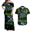 Personalized Canberra Raiders Couples Matching Off Shoulder Maxi Dress and Hawaiian Shirt Graffiti Grunge Abstract Urban Street Style Design