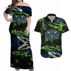 Personalized Canberra Raiders Couples Matching Off Shoulder Maxi Dress and Hawaiian Shirt Graffiti Grunge Abstract Urban Street Style Design