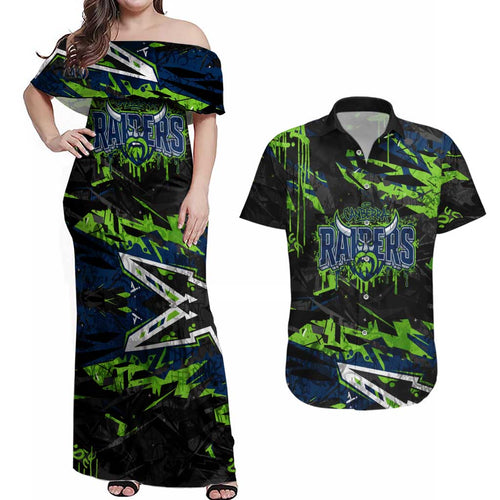 Personalized Canberra Raiders Couples Matching Off Shoulder Maxi Dress and Hawaiian Shirt Graffiti Grunge Abstract Urban Street Style Design