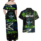 Personalized Canberra Raiders Couples Matching Off Shoulder Maxi Dress and Hawaiian Shirt Graffiti Grunge Abstract Urban Street Style Design