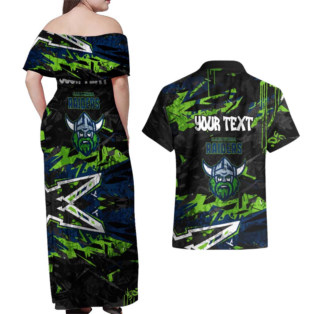 Personalized Canberra Raiders Couples Matching Off Shoulder Maxi Dress and Hawaiian Shirt Graffiti Grunge Abstract Urban Street Style Design