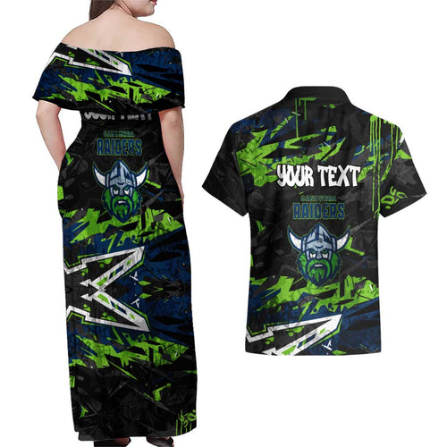 Personalized Canberra Raiders Couples Matching Off Shoulder Maxi Dress and Hawaiian Shirt Graffiti Grunge Abstract Urban Street Style Design