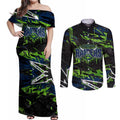 Personalized Canberra Raiders Couples Matching Off Shoulder Maxi Dress and Long Sleeve Button Shirt Graffiti Grunge Abstract Urban Street Style Design