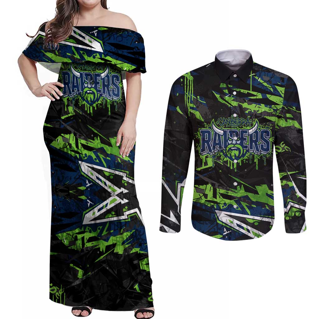 Personalized Canberra Raiders Couples Matching Off Shoulder Maxi Dress and Long Sleeve Button Shirt Graffiti Grunge Abstract Urban Street Style Design