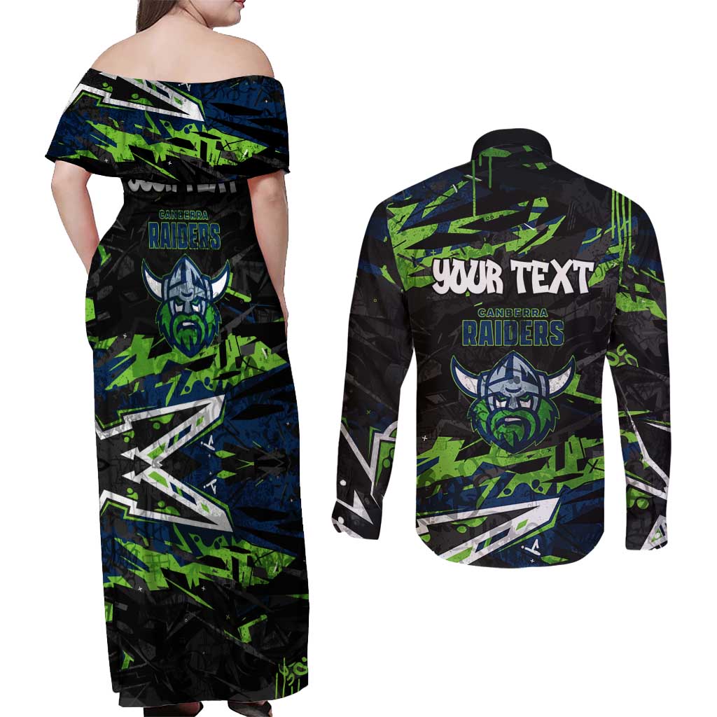 Personalized Canberra Raiders Couples Matching Off Shoulder Maxi Dress and Long Sleeve Button Shirt Graffiti Grunge Abstract Urban Street Style Design