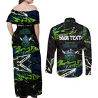 Personalized Canberra Raiders Couples Matching Off Shoulder Maxi Dress and Long Sleeve Button Shirt Graffiti Grunge Abstract Urban Street Style Design