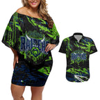 Personalized Canberra Raiders Couples Matching Off Shoulder Short Dress and Hawaiian Shirt Graffiti Grunge Abstract Urban Street Style Design