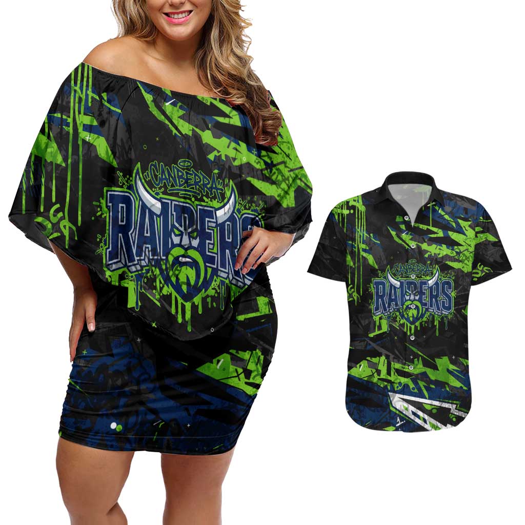 Personalized Canberra Raiders Couples Matching Off Shoulder Short Dress and Hawaiian Shirt Graffiti Grunge Abstract Urban Street Style Design