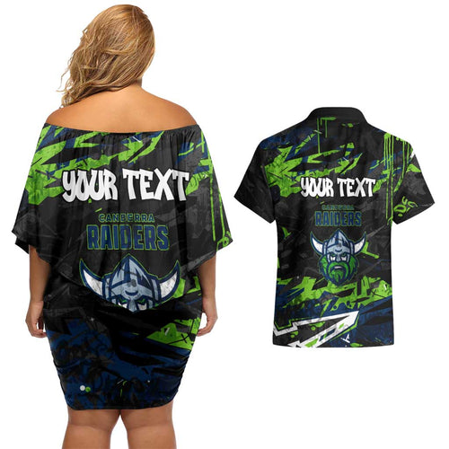 Personalized Canberra Raiders Couples Matching Off Shoulder Short Dress and Hawaiian Shirt Graffiti Grunge Abstract Urban Street Style Design