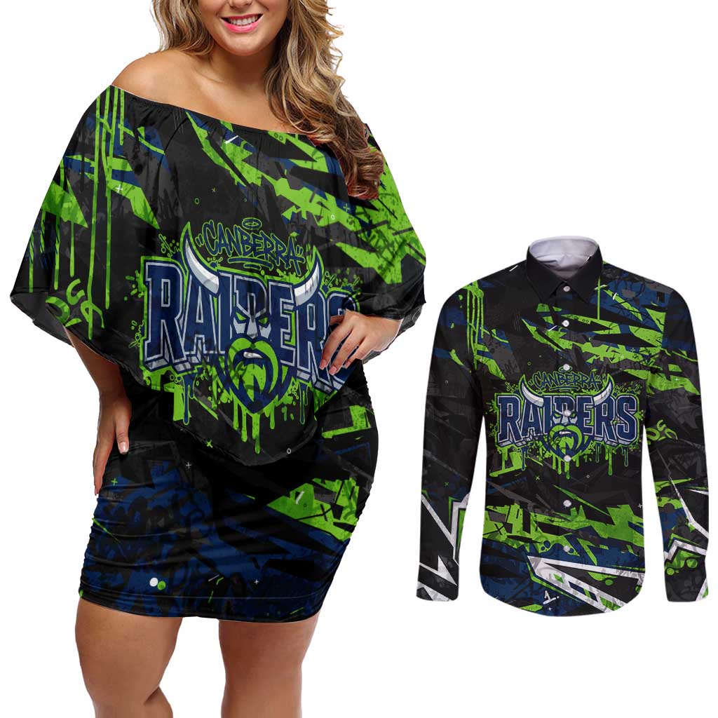 Personalized Canberra Raiders Couples Matching Off Shoulder Short Dress and Long Sleeve Button Shirt Graffiti Grunge Abstract Urban Street Style Design