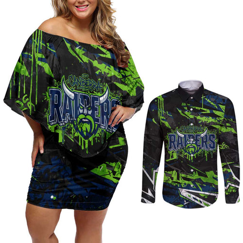 Personalized Canberra Raiders Couples Matching Off Shoulder Short Dress and Long Sleeve Button Shirt Graffiti Grunge Abstract Urban Street Style Design