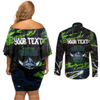 Personalized Canberra Raiders Couples Matching Off Shoulder Short Dress and Long Sleeve Button Shirt Graffiti Grunge Abstract Urban Street Style Design
