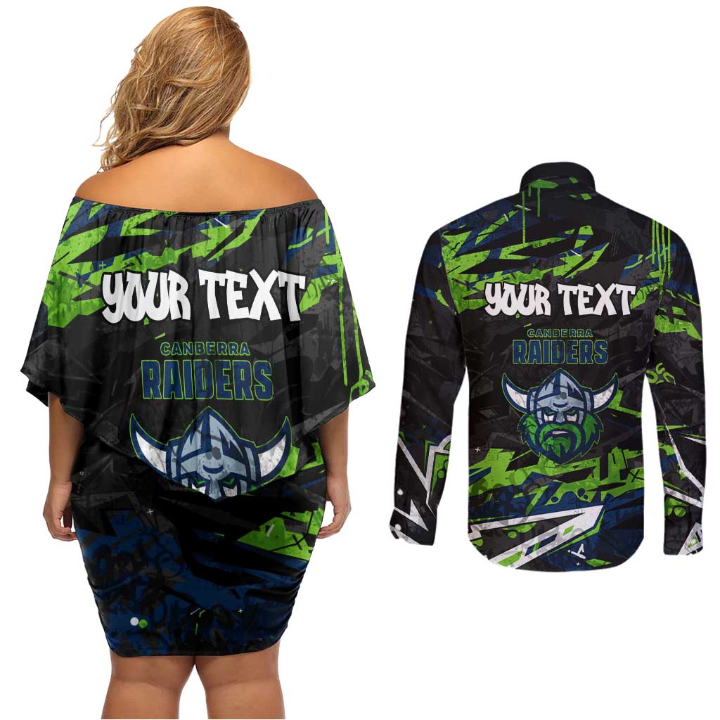 Personalized Canberra Raiders Couples Matching Off Shoulder Short Dress and Long Sleeve Button Shirt Graffiti Grunge Abstract Urban Street Style Design