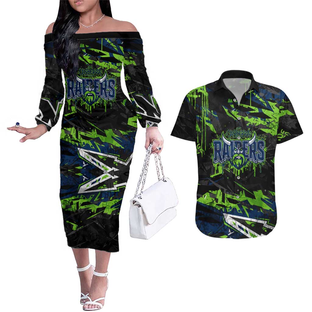 Personalized Canberra Raiders Couples Matching Off The Shoulder Long Sleeve Dress and Hawaiian Shirt Graffiti Grunge Abstract Urban Street Style Design