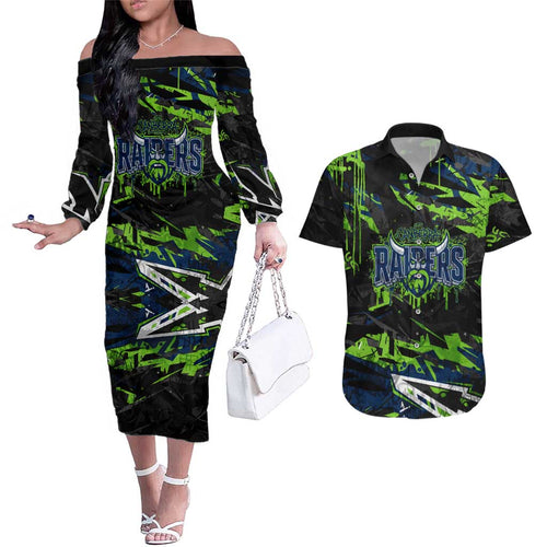 Personalized Canberra Raiders Couples Matching Off The Shoulder Long Sleeve Dress and Hawaiian Shirt Graffiti Grunge Abstract Urban Street Style Design