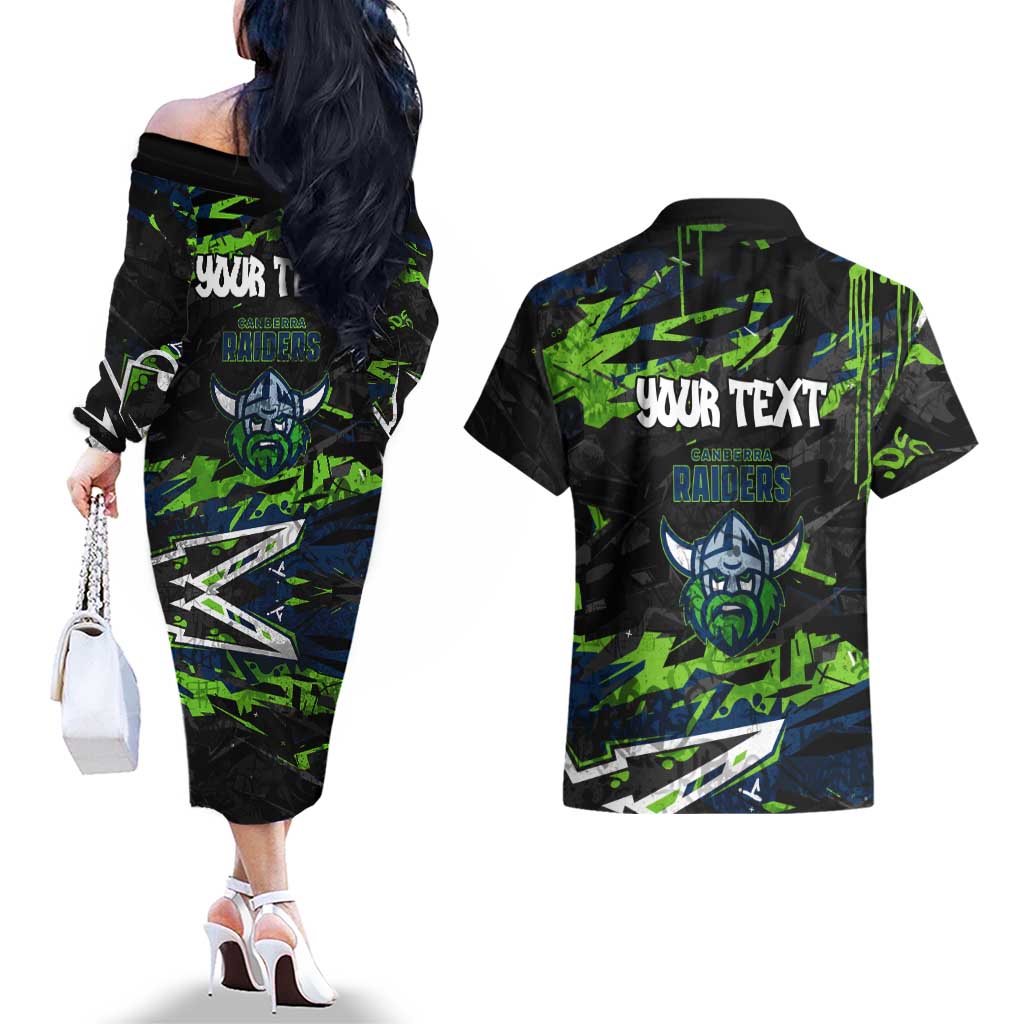 Personalized Canberra Raiders Couples Matching Off The Shoulder Long Sleeve Dress and Hawaiian Shirt Graffiti Grunge Abstract Urban Street Style Design