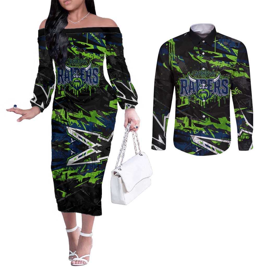 Personalized Canberra Raiders Couples Matching Off The Shoulder Long Sleeve Dress and Long Sleeve Button Shirt Graffiti Grunge Abstract Urban Street Style Design