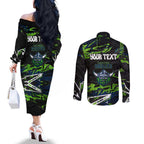 Personalized Canberra Raiders Couples Matching Off The Shoulder Long Sleeve Dress and Long Sleeve Button Shirt Graffiti Grunge Abstract Urban Street Style Design