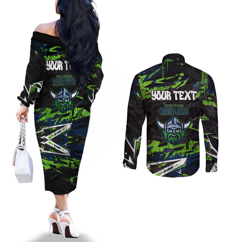 Personalized Canberra Raiders Couples Matching Off The Shoulder Long Sleeve Dress and Long Sleeve Button Shirt Graffiti Grunge Abstract Urban Street Style Design