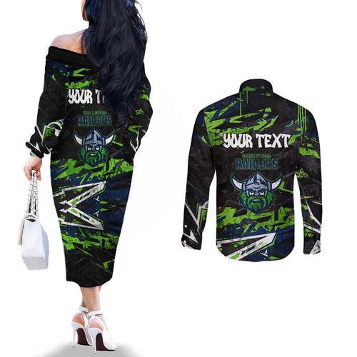 Personalized Canberra Raiders Couples Matching Off The Shoulder Long Sleeve Dress and Long Sleeve Button Shirt Graffiti Grunge Abstract Urban Street Style Design