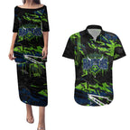 Personalized Canberra Raiders Couples Matching Puletasi and Hawaiian Shirt Graffiti Grunge Abstract Urban Street Style Design