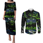 Personalized Canberra Raiders Couples Matching Puletasi and Long Sleeve Button Shirt Graffiti Grunge Abstract Urban Street Style Design