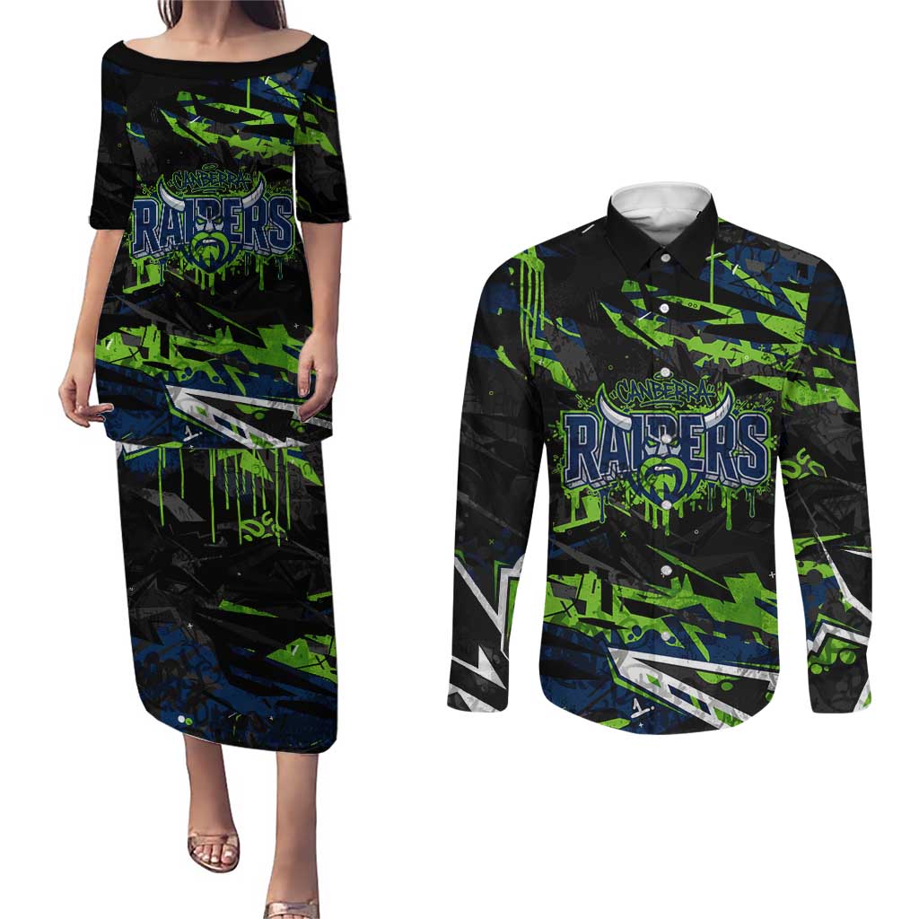 Personalized Canberra Raiders Couples Matching Puletasi and Long Sleeve Button Shirt Graffiti Grunge Abstract Urban Street Style Design