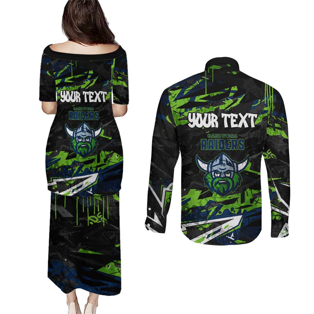 Personalized Canberra Raiders Couples Matching Puletasi and Long Sleeve Button Shirt Graffiti Grunge Abstract Urban Street Style Design