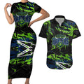 Personalized Canberra Raiders Couples Matching Short Sleeve Bodycon Dress and Hawaiian Shirt Graffiti Grunge Abstract Urban Street Style Design