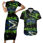 Personalized Canberra Raiders Couples Matching Short Sleeve Bodycon Dress and Hawaiian Shirt Graffiti Grunge Abstract Urban Street Style Design
