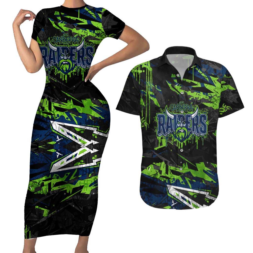 Personalized Canberra Raiders Couples Matching Short Sleeve Bodycon Dress and Hawaiian Shirt Graffiti Grunge Abstract Urban Street Style Design