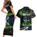 Personalized Canberra Raiders Couples Matching Short Sleeve Bodycon Dress and Hawaiian Shirt Graffiti Grunge Abstract Urban Street Style Design