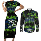 Personalized Canberra Raiders Couples Matching Short Sleeve Bodycon Dress and Long Sleeve Button Shirt Graffiti Grunge Abstract Urban Street Style Design