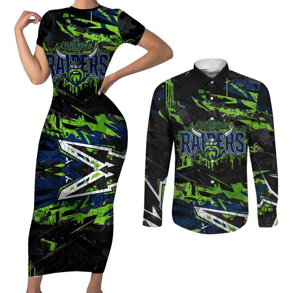 Personalized Canberra Raiders Couples Matching Short Sleeve Bodycon Dress and Long Sleeve Button Shirt Graffiti Grunge Abstract Urban Street Style Design