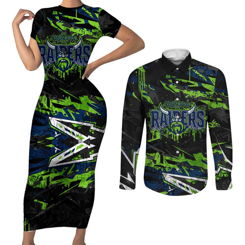 Personalized Canberra Raiders Couples Matching Short Sleeve Bodycon Dress and Long Sleeve Button Shirt Graffiti Grunge Abstract Urban Street Style Design