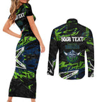 Personalized Canberra Raiders Couples Matching Short Sleeve Bodycon Dress and Long Sleeve Button Shirt Graffiti Grunge Abstract Urban Street Style Design