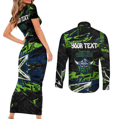 Personalized Canberra Raiders Couples Matching Short Sleeve Bodycon Dress and Long Sleeve Button Shirt Graffiti Grunge Abstract Urban Street Style Design